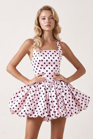 Pink Polka Dots Halter Satin Bubble Hem A-Line Homecoming Dress | KISSPROM