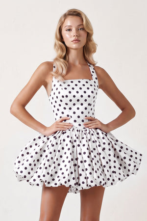 White Polka Dots Halter Satin Bubble Hem A-Line Homecoming Dress | KISSPROM