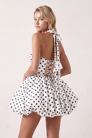 White Polka Dots Halter Satin Bubble Hem A-Line Homecoming Dress | KISSPROM