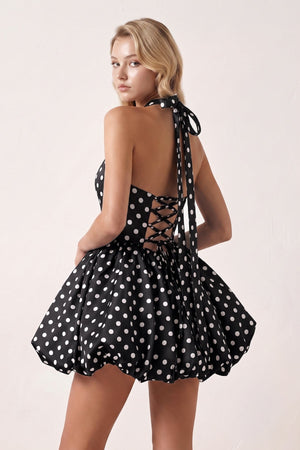 Black Polka Dots Halter Satin Bubble Hem A-Line Homecoming Dress | KISSPROM