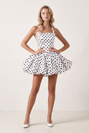 White Polka Dots Halter Satin Bubble Hem A-Line Homecoming Dress | KISSPROM