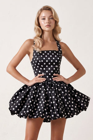 Black Polka Dots Halter Satin Bubble Hem A-Line Homecoming Dress | KISSPROM