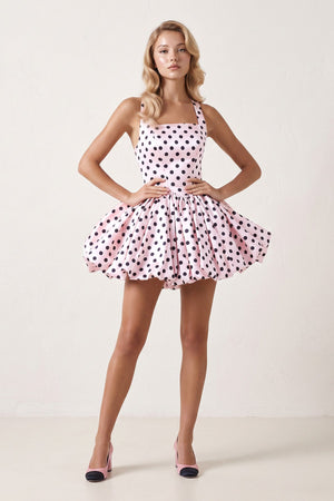 Pink Polka Dots Halter Satin Bubble Hem A-Line Homecoming Dress | KISSPROM