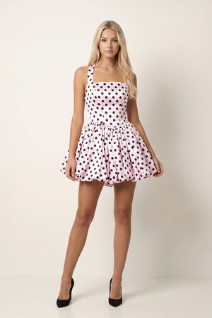 Pink Polka Dots Square Neck Satin Bubble Hem A-Line Homecoming Dress - KissProm