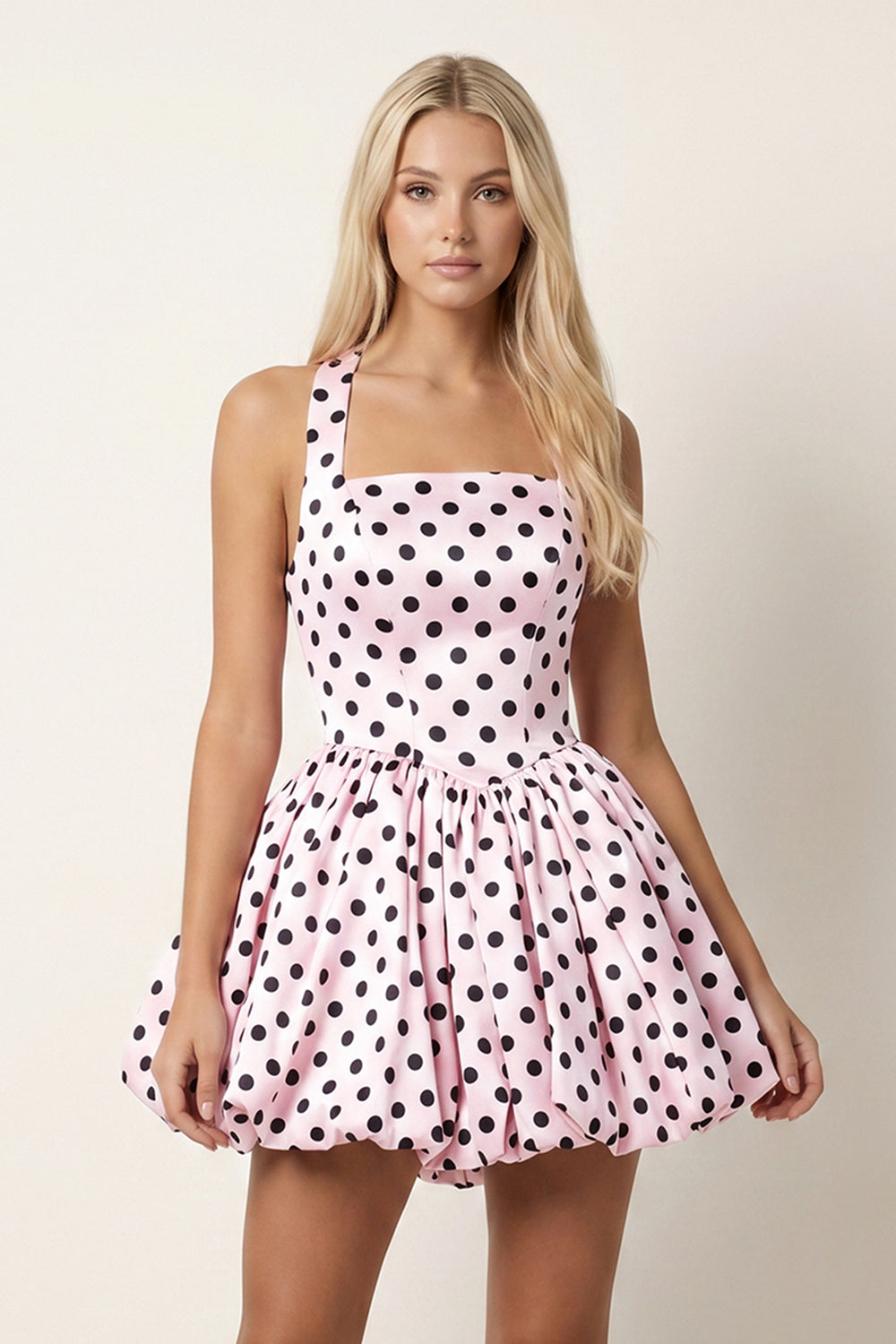 Pink Polka Dots Square Neck Satin Bubble Hem A-Line Homecoming Dress - KissProm
