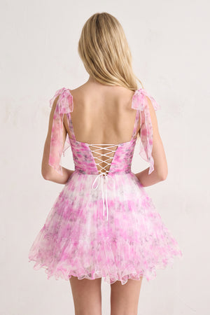 Pink Princess Floral Print Tulle Homecoming Dress with Bow Sleeves (2) | KISSPROM