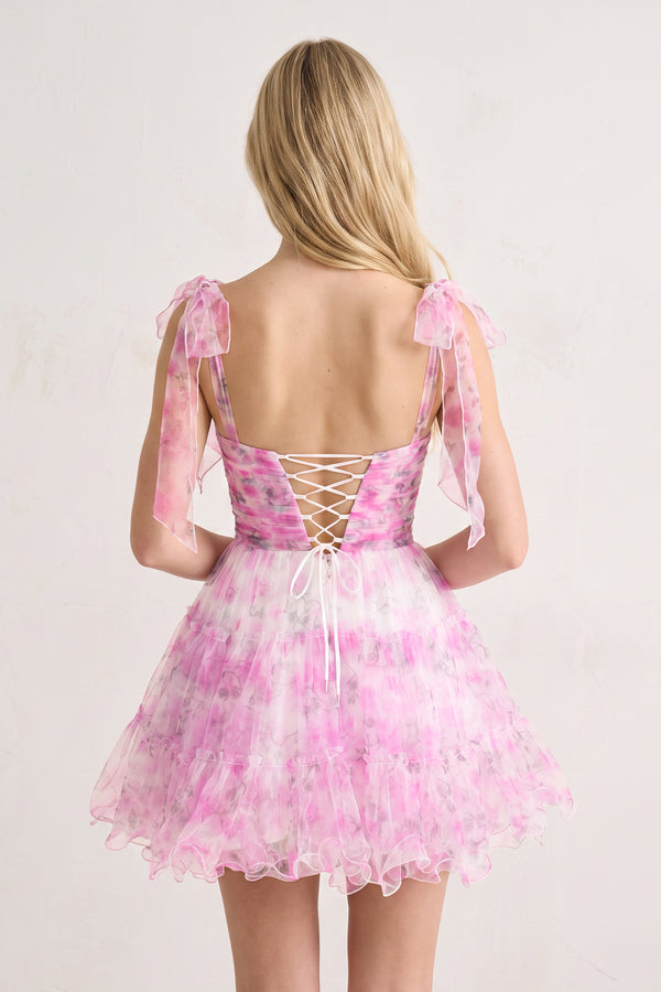 Pink Princess Floral Print Tulle Homecoming Dress with Bow Sleeves (2) | KISSPROM