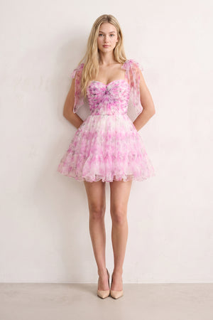 Pink Princess Floral Print Tulle Homecoming Dress with Bow Sleeves (3) | KISSPROM