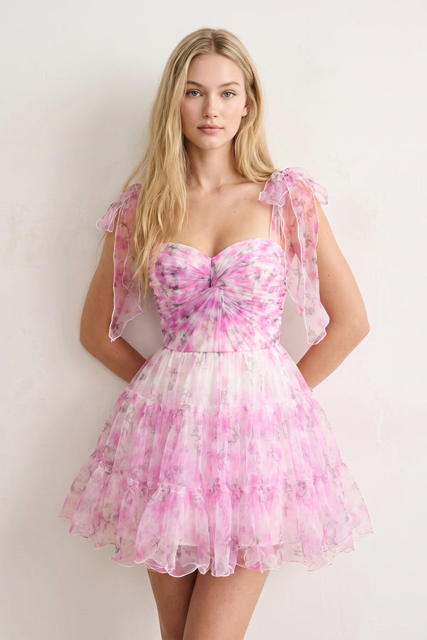 Pink Princess Floral Print Tulle Homecoming Dress with Bow Sleeves | KISSPROM