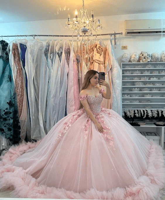 KissProm Pink Off-the-Shoulder Lace-Up Back Quinceanera Dress Ball Gown, Pink / 4