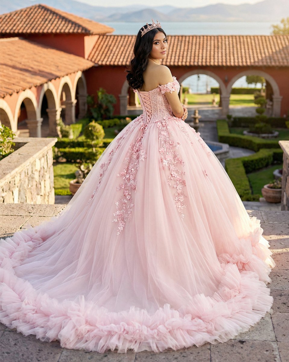 Pink Off-the-Shoulder Lace-Up Back Quinceanera Dress Ball Gown