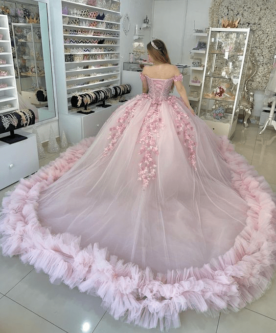 Pink Off-the-Shoulder Lace-Up Back Quinceanera Dress Ball Gown, Pink / 4 Pink Off-the-Shoulder Lace-Up Back Quinceanera Dress Ball Gown, Pink / 4