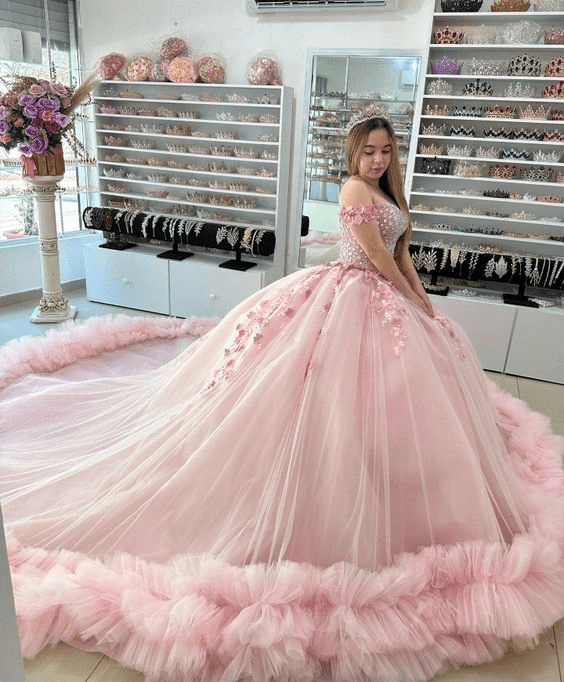 Pink Off-the-Shoulder Lace-Up Back Quinceanera Dress Ball Gown