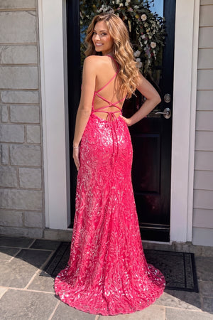 Mermaid Spaghetti Straps Blue Sequins Lace Long Prom Dresses with Slit - KissProm
