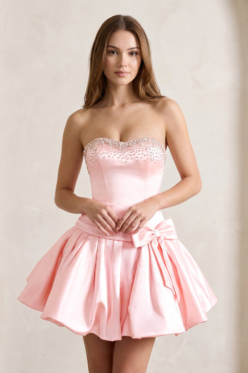 Pink Rhinestones Sweetheart Ruched A-Line Homecoming Dress With Bow - KISSPROM