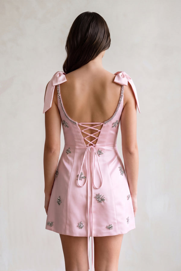Pink Scoop Neck A-Line Satin Beaded Homecoming Dress with Bow (2) | KISSPROM
