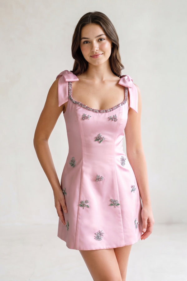 Pink Scoop Neck A-Line Satin Beaded Homecoming Dress with Bow | KISSPROM
