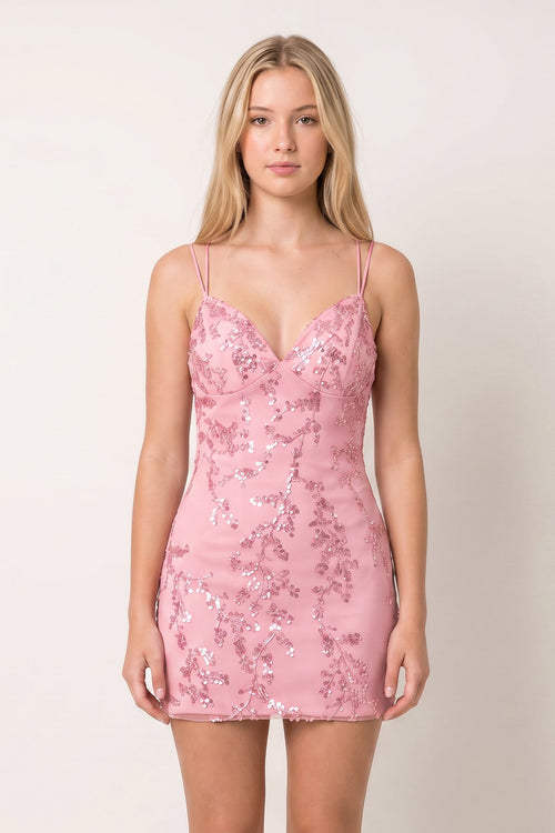 Pink Sequined Bodycon V Neck Satin Mini Party Dress | KISSPROM