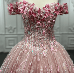 Pink Sequined Off the Shoulder Quinceañera Dress - KissProm