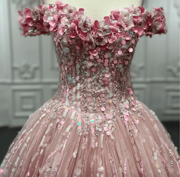 Pink Sequined Off the Shoulder Quinceañera Dress - KissProm