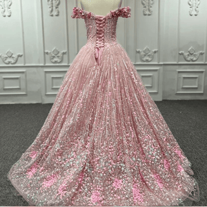 Pink Sequined Off the Shoulder Quinceañera Dress - KissProm