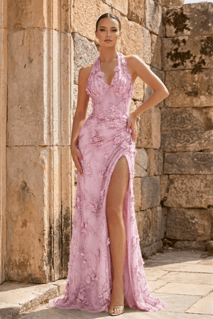 Pink Sheath Halter Sequined Long Party Dress With Floral Appliques | KISSPROM