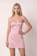 Pink Sheath Satin V Neck Short Homecoming Dresses with Flower Straps | KISSPROM