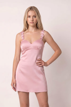 Pink Sheath Satin V Neck Short Homecoming Dresses with Flower Straps | KISSPROM