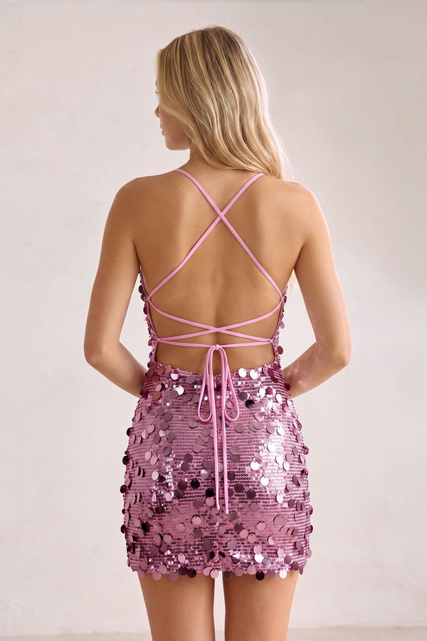 Pink Sheath Sparkly Spaghetti Straps Sequin Mini Party Dress (2) | KISSPROM