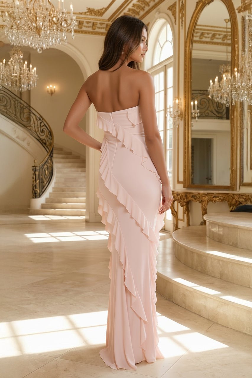 Pink Sheath Strapless Chiffon Long Prom Dresses With Ruffles | KISSPROM