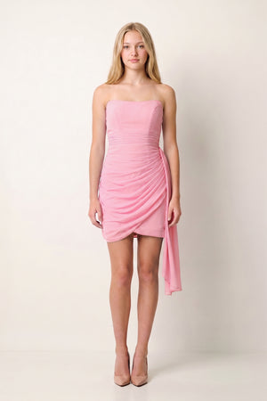 Pink Sheath Strapless Pleated Short Homecoming Dresses With Train - KISSPROM