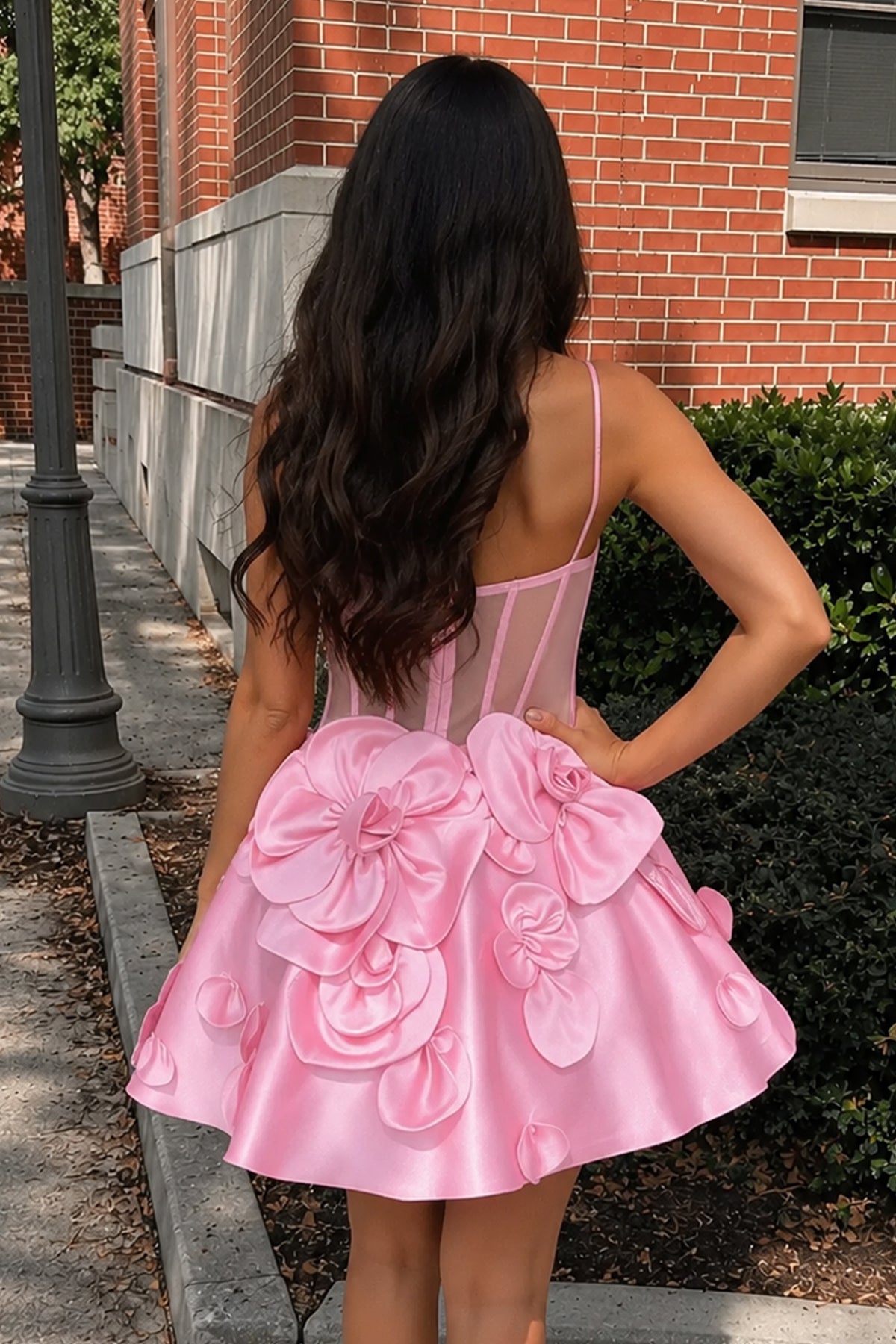 Pink Spaghetti Straps A-Line Corset Short Homecoming Dress With 3D Flo