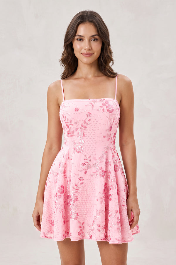 Pink Spaghetti Straps A-Line Embroidered Sequined Tulle Homecoming Dress | KISSPROM