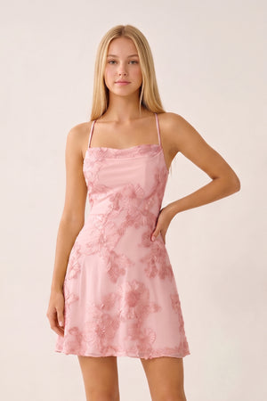 Pink Spaghetti Straps A-Line Embroidered Tulle Homecoming Dress | KISSPROM