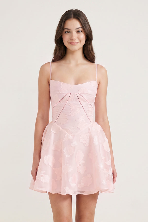 Pink Spaghetti Straps Chiffon Jacquard A-Line Homecoming Dress | KISSPROM