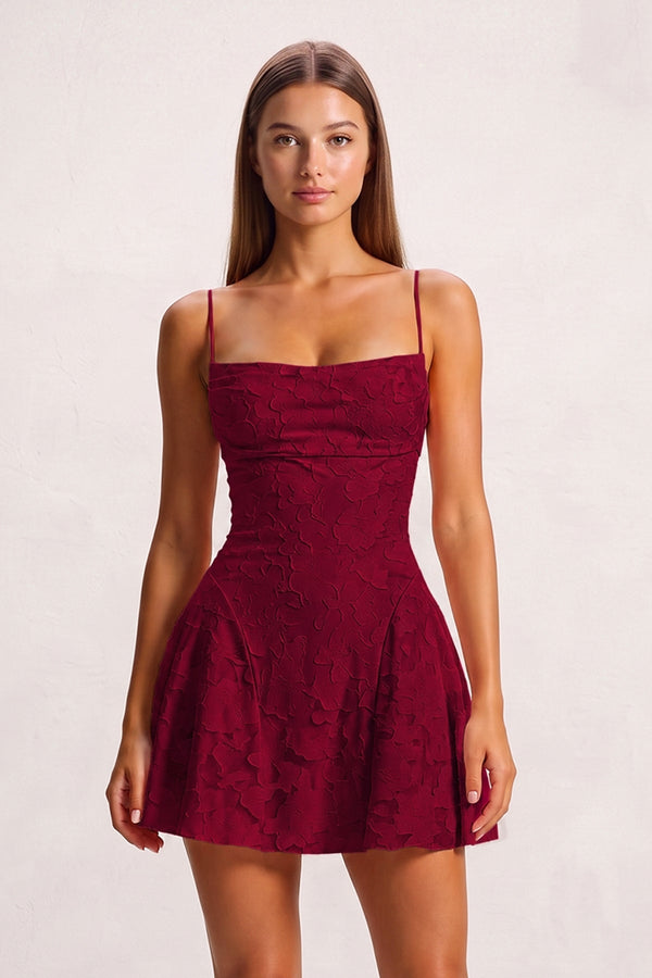 Burgundy Spaghetti Straps Jacquard Satin A-Line Homecoming Dress | KISSPROM