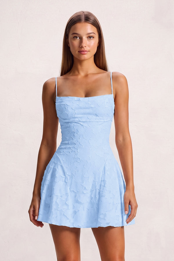 Sky Blue Spaghetti Straps Jacquard Satin A-Line Homecoming Dress | KISSPROM