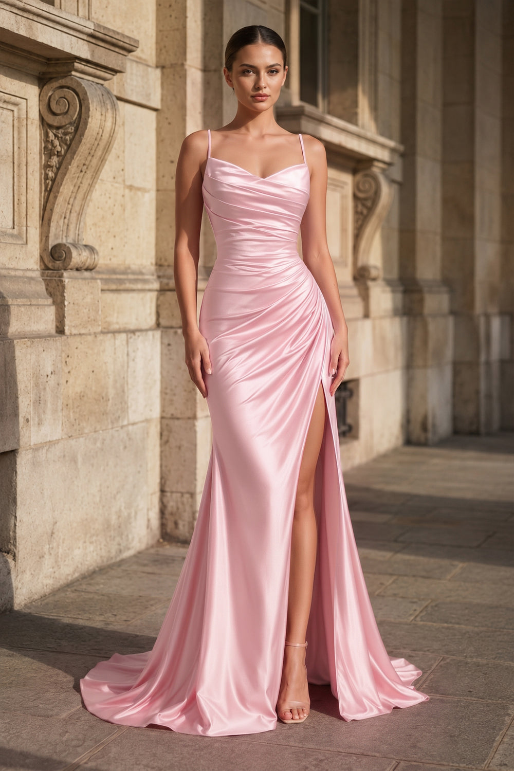 Pink Spaghetti Straps Mermaid Satin Slit Prom Dresses | KISSPROM