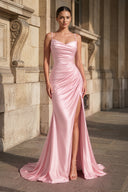 Pink Spaghetti Straps Mermaid Satin Slit Prom Dresses | KISSPROM