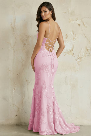 KissProm-Pink Spaghetti Straps Mermaid Tulle Long Prom Dresses With Appliques