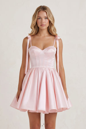 Pink Spaghetti Straps Satin Pleated A-Line Homecoming Dress with Bow | KISSPROM