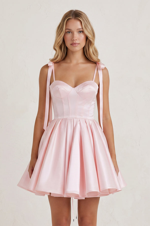 Pink Spaghetti Straps Satin Pleated A-Line Homecoming Dress with Bow | KISSPROM
