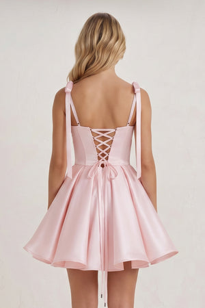 Pink Spaghetti Straps Satin Pleated A-Line Homecoming Dress with Bow | KISSPROM