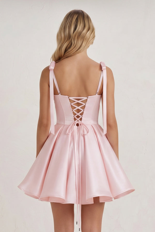 Pink Spaghetti Straps Satin Pleated A-Line Homecoming Dress with Bow | KISSPROM