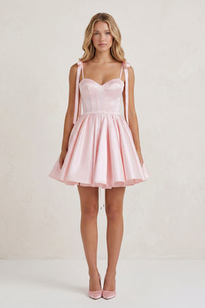 Pink Spaghetti Straps Satin Pleated A-Line Homecoming Dress with Bow | KISSPROM