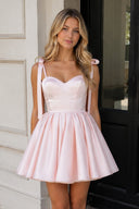 Pink Spaghetti Straps Satin Pleated A-Line Homecoming Dress with Bow | KISSPROM