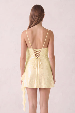 Yellow Spaghetti Straps Sequin Ruched Ruffled Sheath Homecoming Dress  | KISSPROM