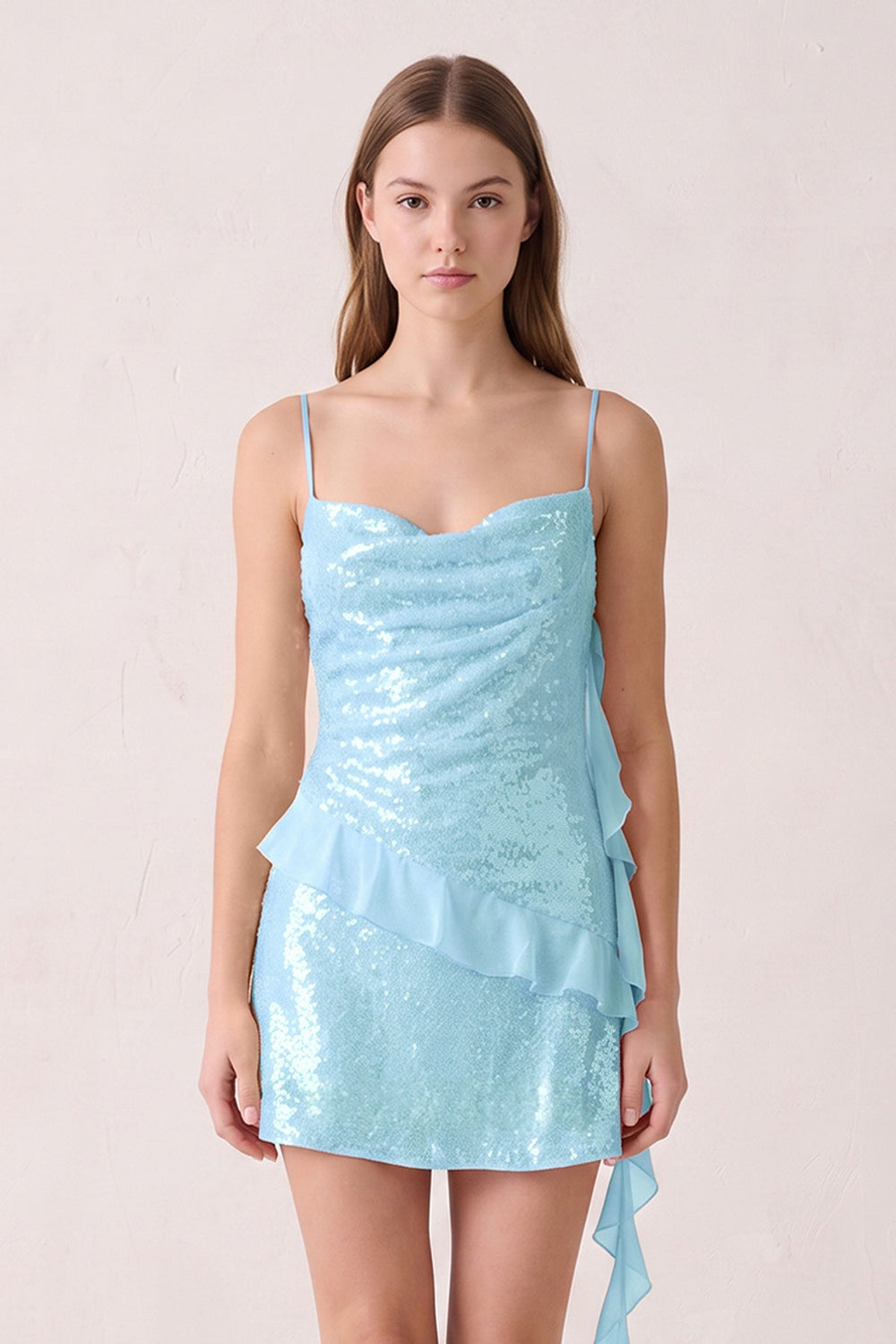 Blue Spaghetti Straps Sequin Ruched Ruffled Sheath Homecoming Dress  | KISSPROM