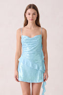 Blue Spaghetti Straps Sequin Ruched Ruffled Sheath Homecoming Dress  | KISSPROM