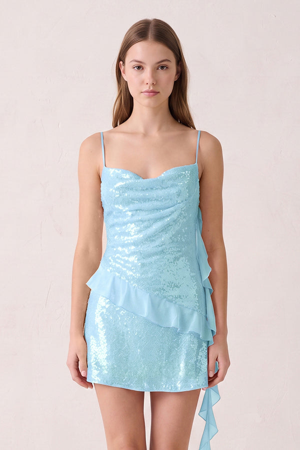 Blue Spaghetti Straps Sequin Ruched Ruffled Sheath Homecoming Dress  | KISSPROM